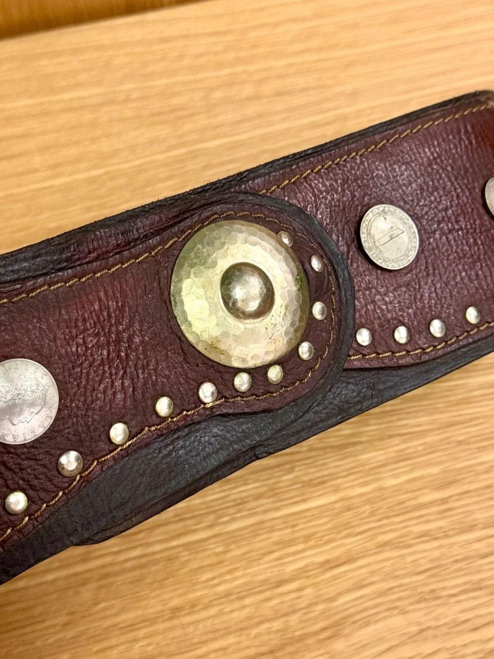 Vintage 1970s Coin-Studded Wide Leather Waist Belt w/ Brass Accent, Men’s XL